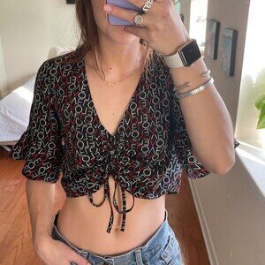 Rachel Rachel Roy Love Print Ruched Tie Front Crop Top Black Size XS